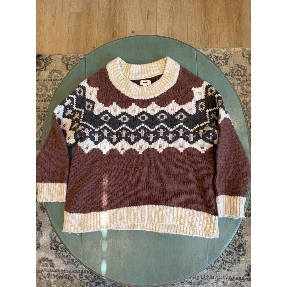Aerie Womens L Oversized Fair Isle Wool Blend Sweater Brown Cream Knit T5446MM
